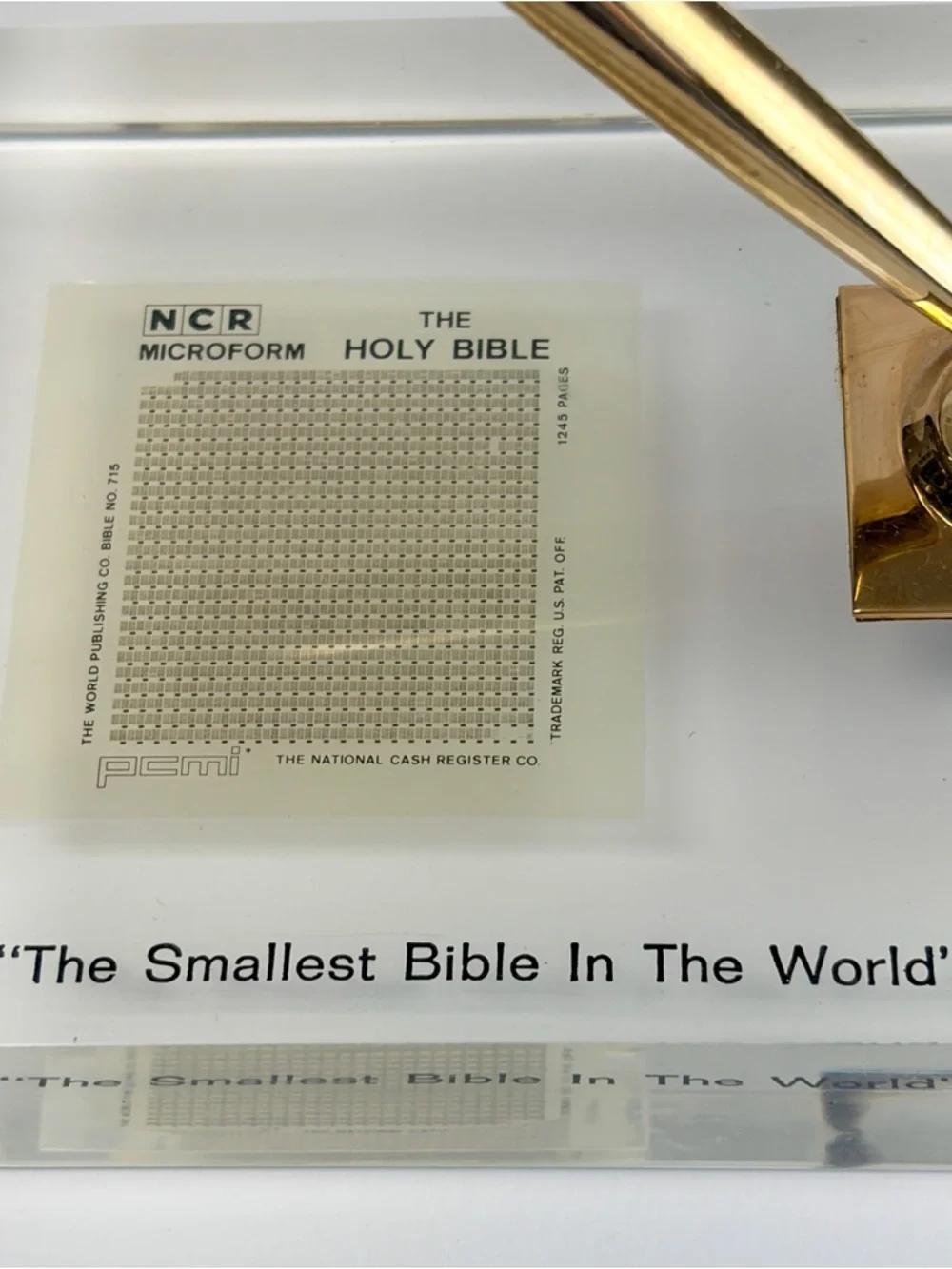 Vintage MicroBible Acrylic Pen Holder – NCR Microform Technology – Rare Desk Dis